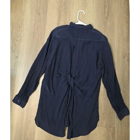 Lefties Navy Blue Long Sleeve Button Front Blouse S Textured Back Tie Shirt - Picture 3 of 7